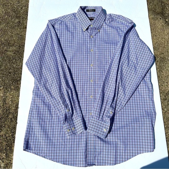 Kirklands Signature Mens Button Down Long Sleeve Purple Blue Pin Striped 16.5-35 - Picture 1 of 5